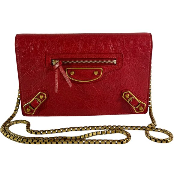 BALENCIAGA Red Leather Agneau Metallic Edge Clutch Crossbody Wallet on Chain - Picture 1 of 15